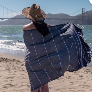 NEW! Turkish Elegant Striped Beach Towel With Tassels And Pillow. 70"X32"